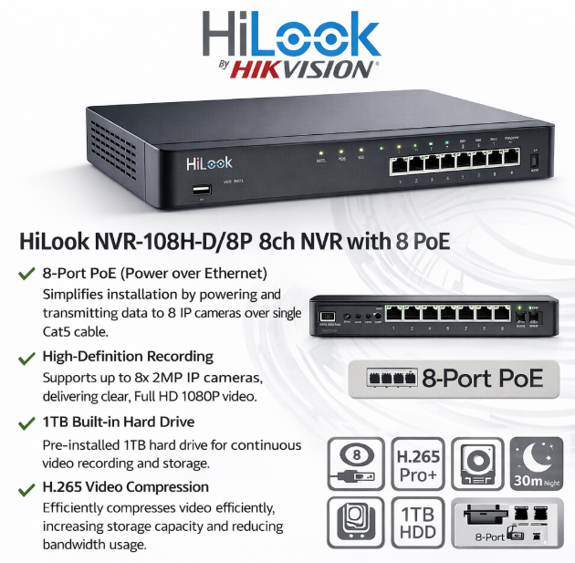 HiLook NVR-108H-D/8P(D) registratore IP 8 canali PoE