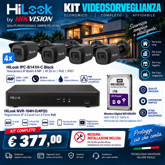 Kit videosorveglianza HiLook by Hikvision 4 telecamere 4MP NVR PoE HDD 1TB - installazione esclusa