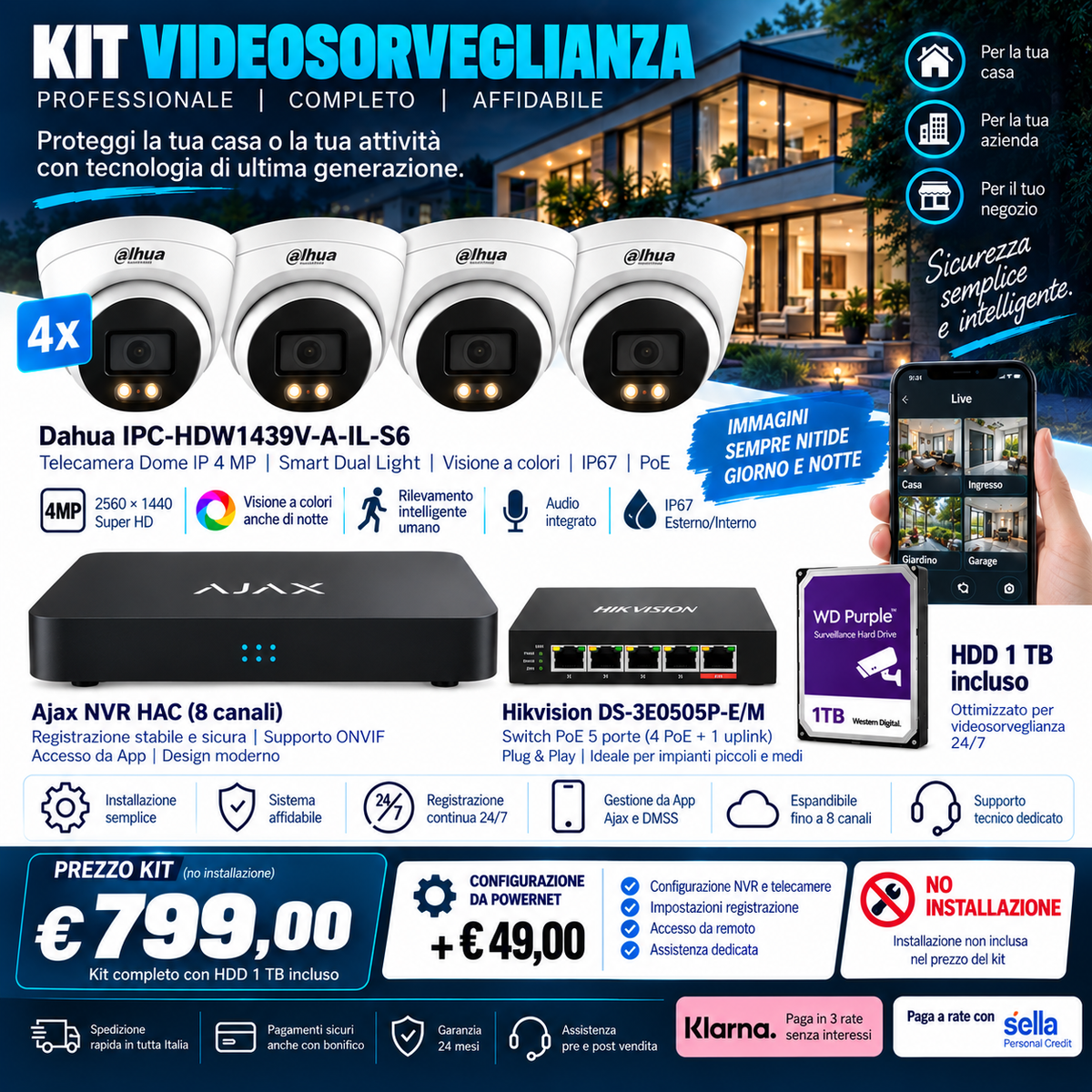 Kit Videosorveglianza Ajax NVR HAC 8ch + 4 Dahua 4MP + PoE + HDD 1TB
