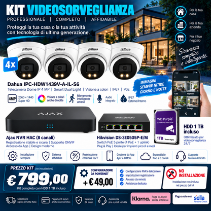 Kit Videosorveglianza Ajax NVR HAC 8ch + 4 Dahua 4MP + PoE + HDD 1TB