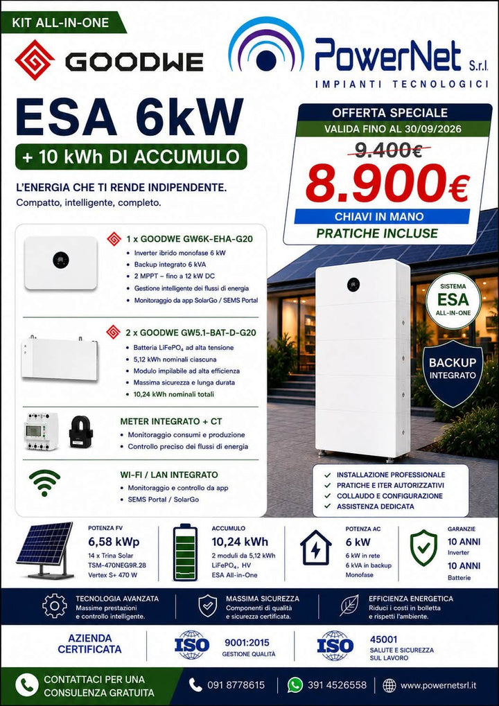 Offerta fotovoltaico GoodWe ESA All-In-One 6,58 kWp con accumulo 10,24 kWh Powernet