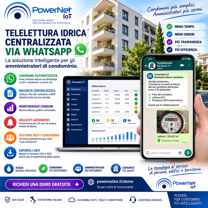 PowerNet IoT - Telelettura idrica centralizzata via WhatsApp per amministratori di condominio